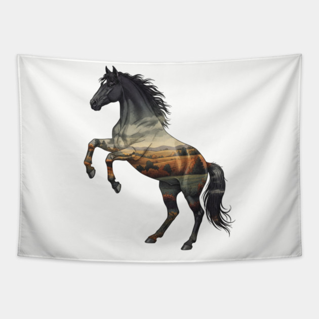 Double Exposure Wild Horse Autumn Plains Landscape Tapestry by BirdsnStuff