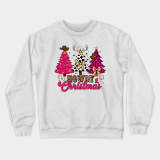 Howdy Christmas Cowgirl Christmas Tree Pink Leopard Xmas Bow Crewneck Sweatshirt