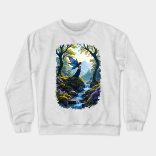 Blue fairie at the waterfall Crewneck Sweatshirt