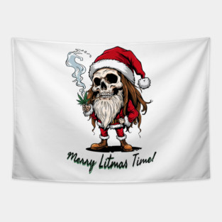Merry Litmas Time! Funny Stoner Christmas Weed Santa Skull Tapestry