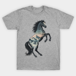 Wild Horse Double Exposure Winter Mountain Forest T-Shirt