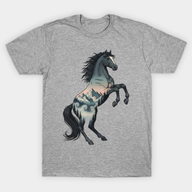 Wild Horse Double Exposure Winter Mountain Forest T-Shirt by BirdsnStuff