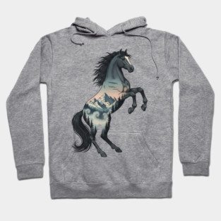 Wild Horse Double Exposure Winter Mountain Forest Hoodie