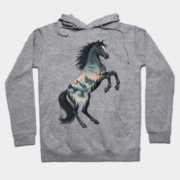 Wild Horse Double Exposure Winter Mountain Forest Hoodie by BirdsnStuff