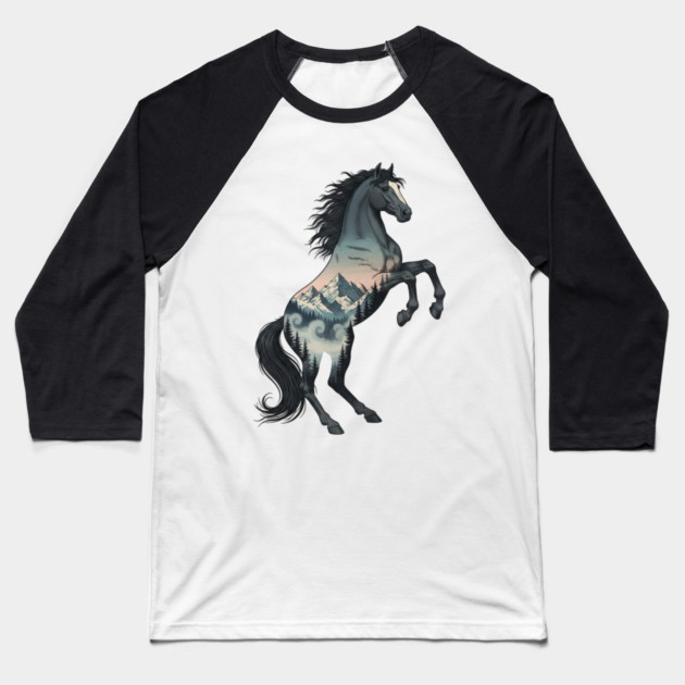 Wild Horse Double Exposure Winter Mountain Forest Baseball T-Shirt by BirdsnStuff