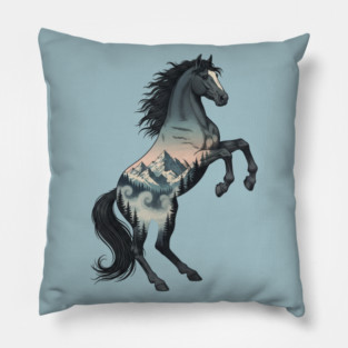 Wild Horse Double Exposure Winter Mountain Forest Pillow