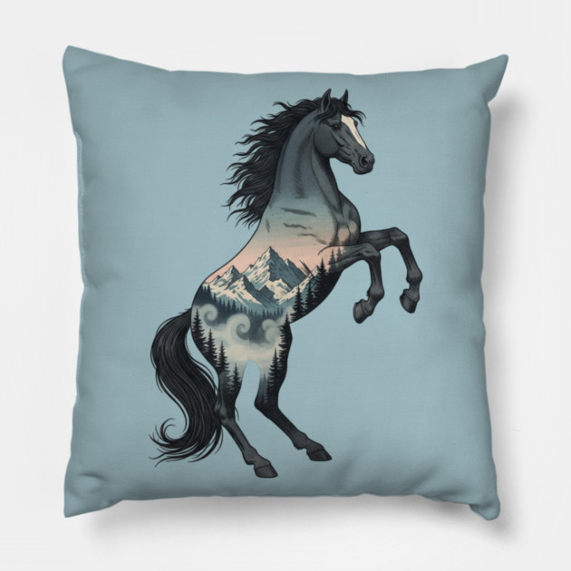 Wild Horse Double Exposure Winter Mountain Forest Pillow by BirdsnStuff