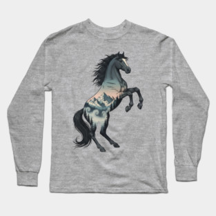 Wild Horse Double Exposure Winter Mountain Forest Long Sleeve T-Shirt