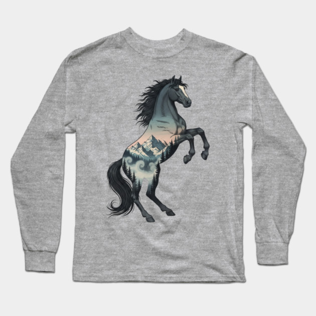 Wild Horse Double Exposure Winter Mountain Forest Long Sleeve T-Shirt by BirdsnStuff