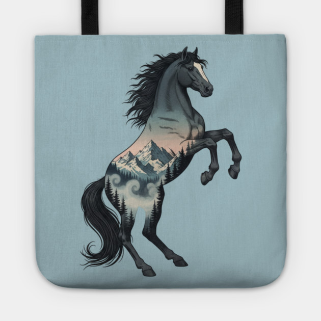 Wild Horse Double Exposure Winter Mountain Forest Tote by BirdsnStuff