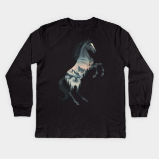 Wild Horse Double Exposure Winter Mountain Forest Kids Long Sleeve T-Shirt