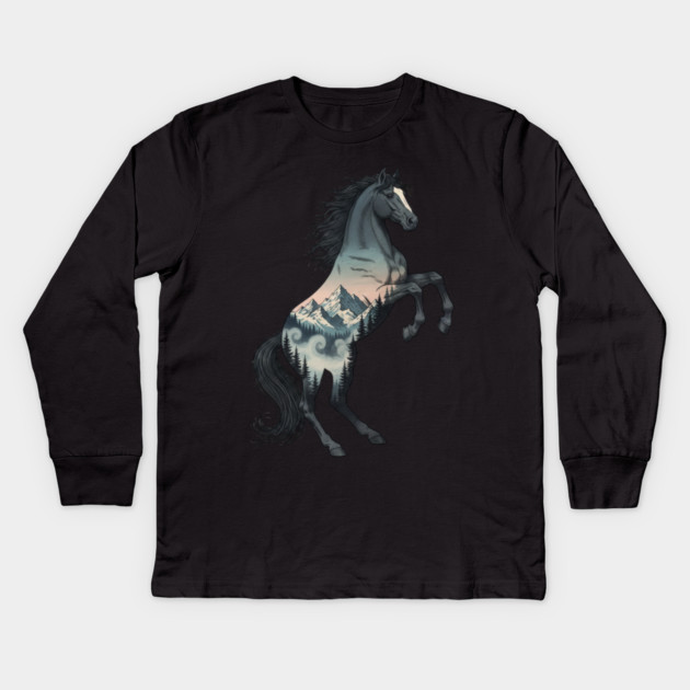 Wild Horse Double Exposure Winter Mountain Forest Kids Long Sleeve T-Shirt by BirdsnStuff