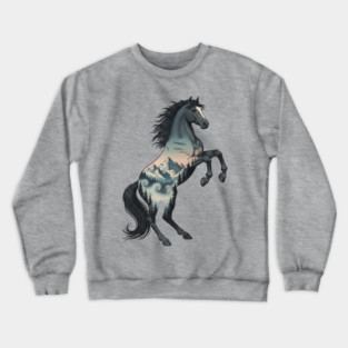 Wild Horse Double Exposure Winter Mountain Forest Crewneck Sweatshirt