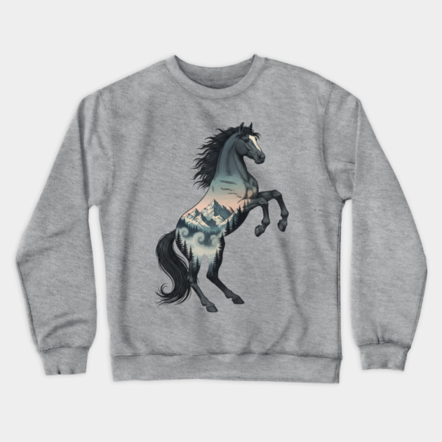 Wild Horse Double Exposure Winter Mountain Forest Crewneck Sweatshirt by BirdsnStuff