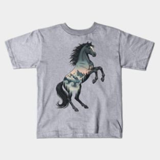Wild Horse Double Exposure Winter Mountain Forest Kids T-Shirt