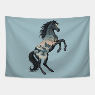Wild Horse Double Exposure Winter Mountain Forest Tapestry