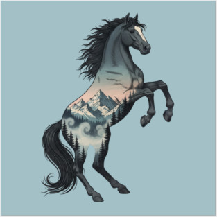 Wild Horse Double Exposure Winter Mountain Forest Posters and Art