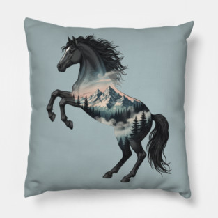 Majestic Wild Horse Double Exposure Mountain Nature Pillow