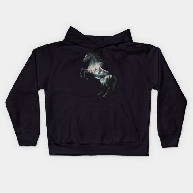 Majestic Wild Horse Double Exposure Mountain Nature Kids Hoodie by BirdsnStuff