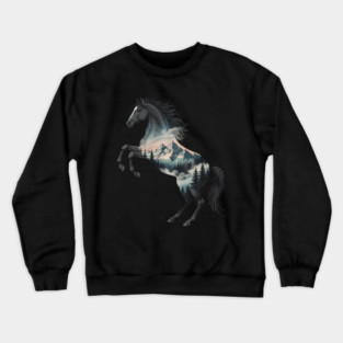 Majestic Wild Horse Double Exposure Mountain Nature Crewneck Sweatshirt