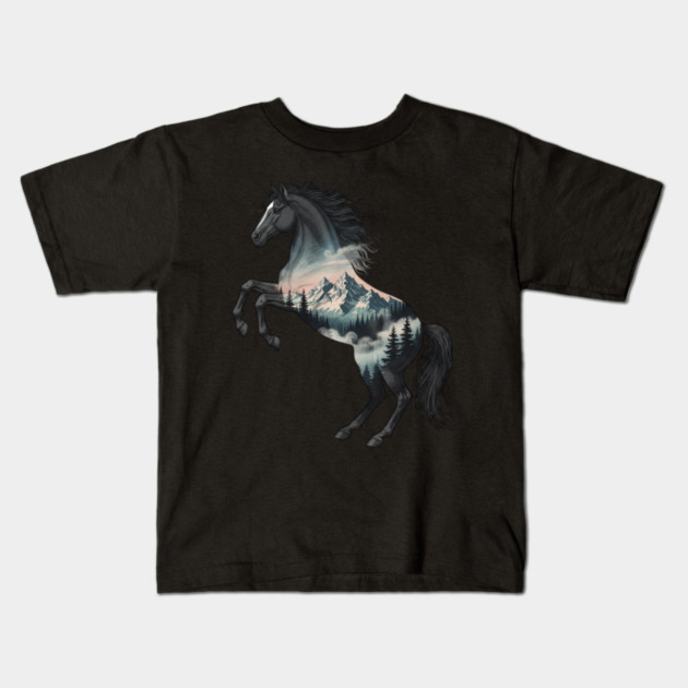 Majestic Wild Horse Double Exposure Mountain Nature Kids T-Shirt by BirdsnStuff