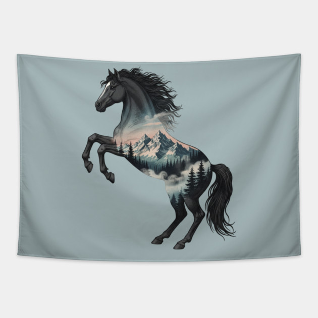 Majestic Wild Horse Double Exposure Mountain Nature Tapestry by BirdsnStuff