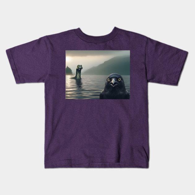Crow Selfie with Loch Ness Monster Nessie funny photo Kids T-Shirt by Luxinda