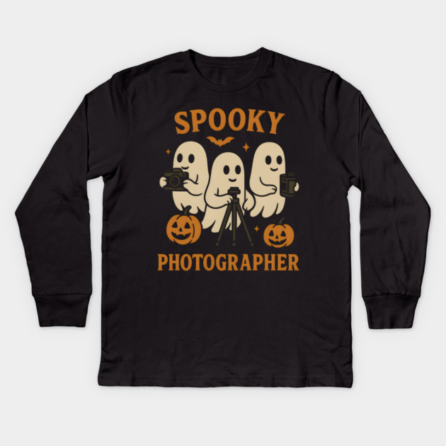 Spooky Photographer Ghost Halloween Camera Graphic Kids Long Sleeve T-Shirt by MakerMind8.2