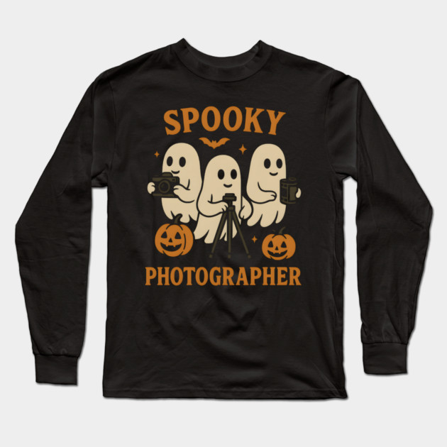 Spooky Photographer Ghost Halloween Camera Graphic Long Sleeve T-Shirt by MakerMind8.2