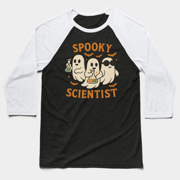 Spooky Scientist Ghost Halloween Chemistry Graphic Baseball T-Shirt by MakerMind8.2
