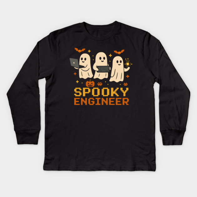 Spooky Engineer Ghost Halloween Tech Graphic Kids Long Sleeve T-Shirt by MakerMind8.2