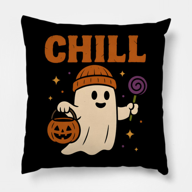 Chill Ghost Halloween Candy Pumpkin Bucket Graphic Pillow by MakerMind8.2
