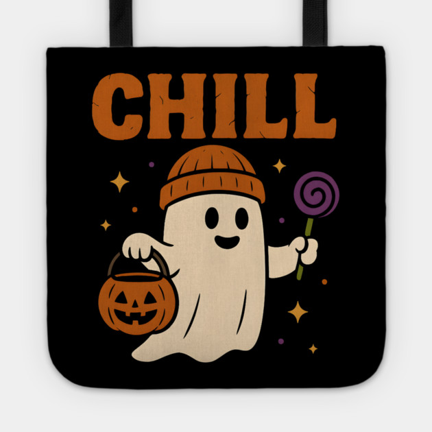 Chill Ghost Halloween Candy Pumpkin Bucket Graphic Tote by MakerMind8.2