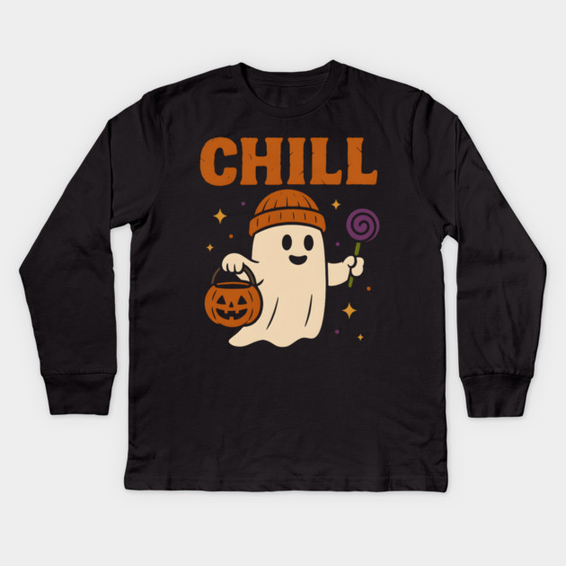Chill Ghost Halloween Candy Pumpkin Bucket Graphic Kids Long Sleeve T-Shirt by MakerMind8.2
