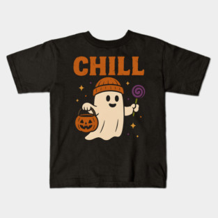 Chill Ghost Halloween Candy Pumpkin Bucket Graphic Kids T-Shirt