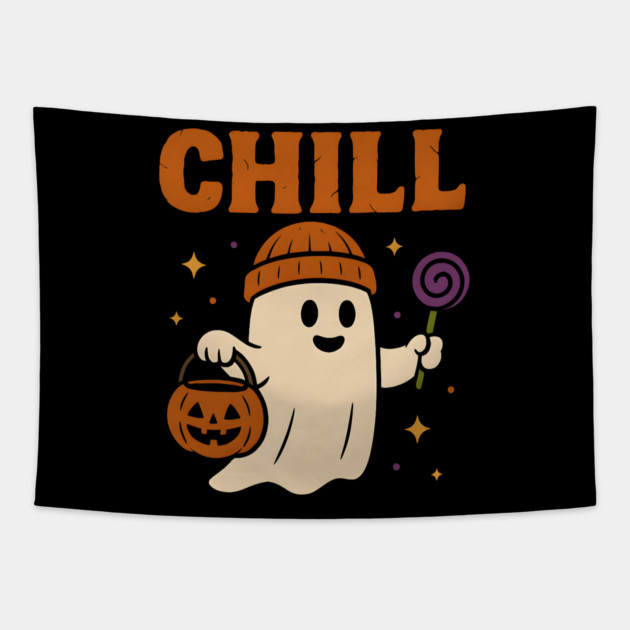 Chill Ghost Halloween Candy Pumpkin Bucket Graphic Tapestry by MakerMind8.2