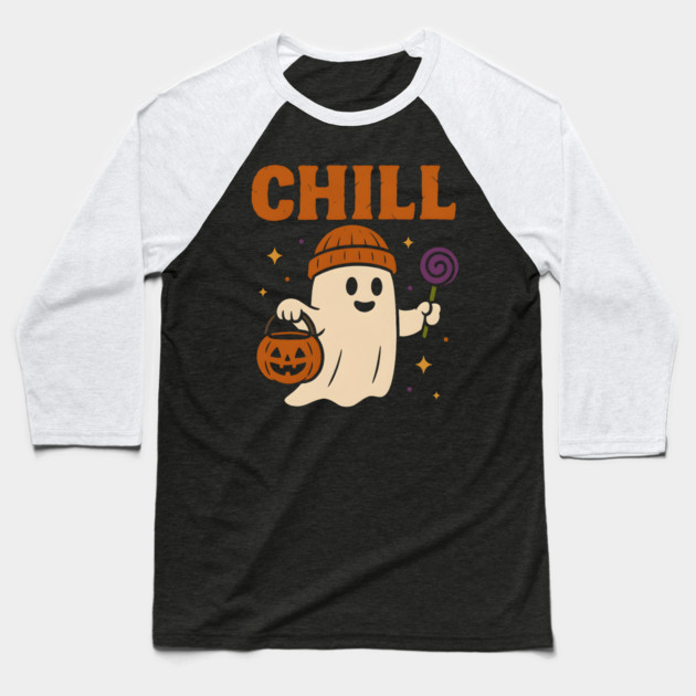 Chill Ghost Halloween Candy Pumpkin Bucket Graphic Baseball T-Shirt by MakerMind8.2