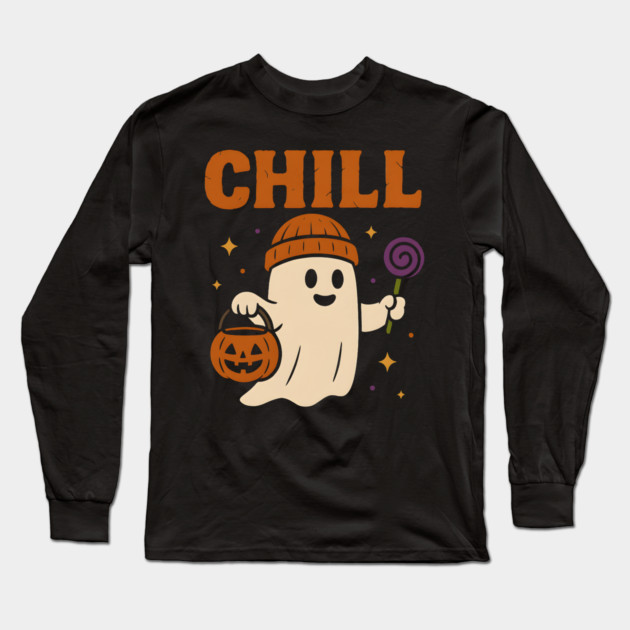 Chill Ghost Halloween Candy Pumpkin Bucket Graphic Long Sleeve T-Shirt by MakerMind8.2