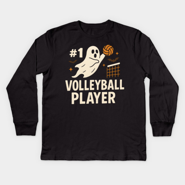 #1 Volleyball Player Ghost Halloween Graphic Kids Long Sleeve T-Shirt by MakerMind8.2
