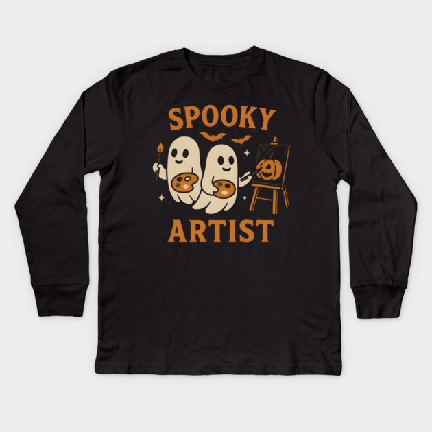 Spooky Artist Ghost Halloween Pumpkin Painting Graphic Kids Long Sleeve T-Shirt by MakerMind8.2