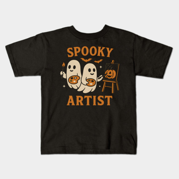 Spooky Artist Ghost Halloween Pumpkin Painting Graphic Kids T-Shirt by MakerMind8.2