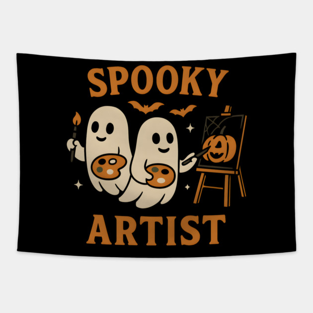 Spooky Artist Ghost Halloween Pumpkin Painting Graphic Tapestry by MakerMind8.2