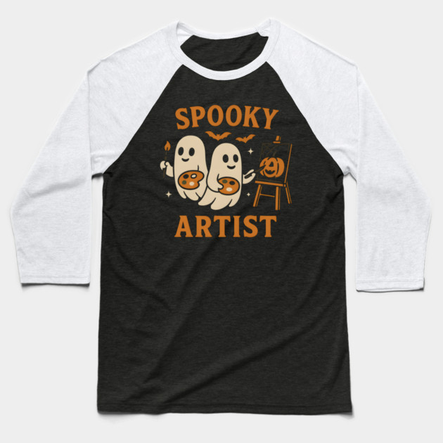 Spooky Artist Ghost Halloween Pumpkin Painting Graphic Baseball T-Shirt by MakerMind8.2