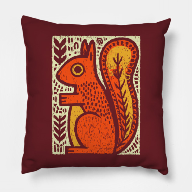Autumn Squirrel | The Nut Gatherer Folk Art Pillow by TuncGK