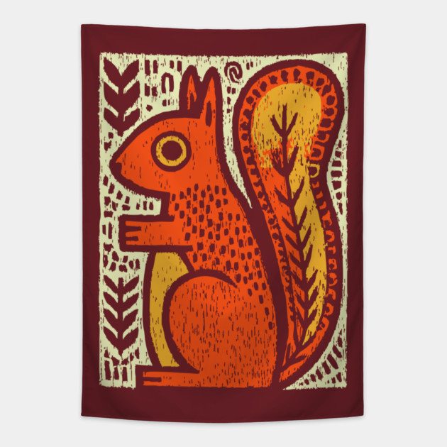 Autumn Squirrel | The Nut Gatherer Folk Art Tapestry by TuncGK