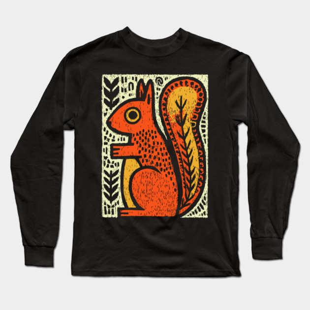 Autumn Squirrel | The Nut Gatherer Folk Art Long Sleeve T-Shirt by TuncGK