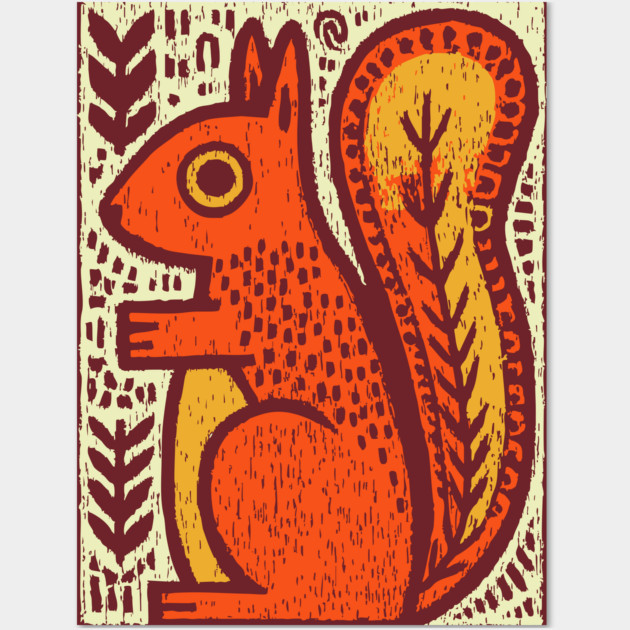 Autumn Squirrel | The Nut Gatherer Folk Art Wall Art by TuncGK