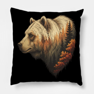Grizzly Bear Double Exposure Autumn Forest Graphic Pillow