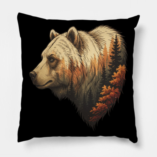 Grizzly Bear Double Exposure Autumn Forest Graphic Pillow by BirdsnStuff