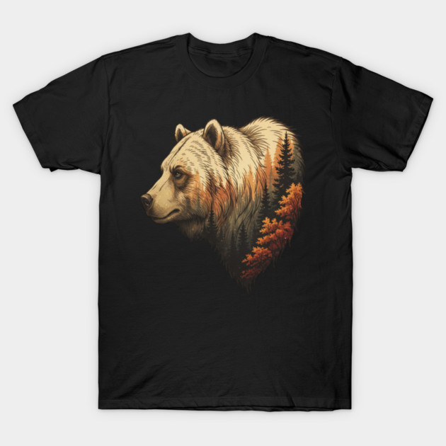 Grizzly Bear Double Exposure Autumn Forest Graphic T-Shirt by BirdsnStuff